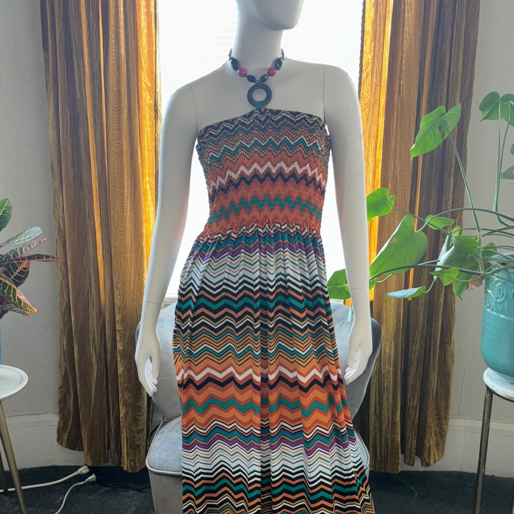 Magic Strapless Chevron Maxi Dress in Orange, Teal, Black, White - Picture 5 of 14